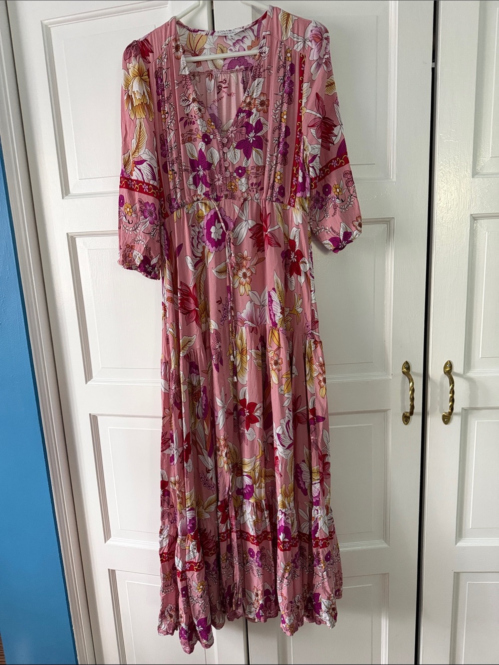 Pink Floral V-Neck Tiered Maxi Dress
